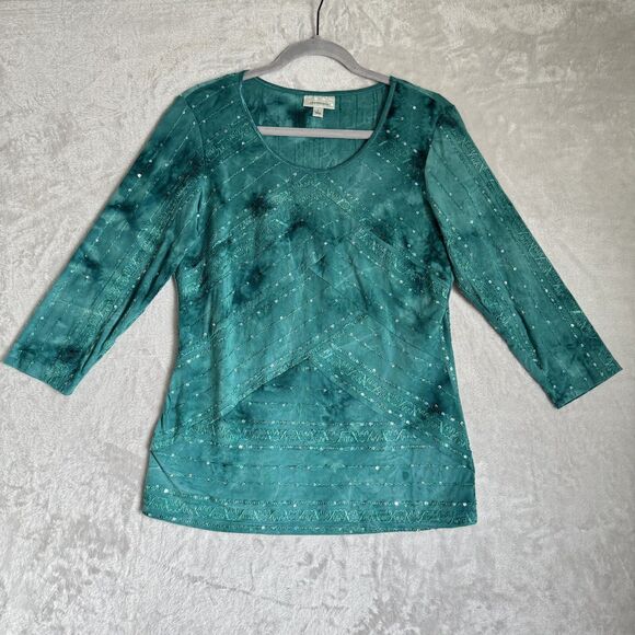 Tops - Y2K Teal Sequin Embellished 3/4 Sleeve Top Womens Large Embroidered Fairy Core